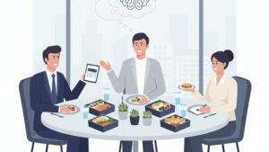 Современная иллюстрация для статьи о бизнес-ланчах Мацони, организация офисного обеда.